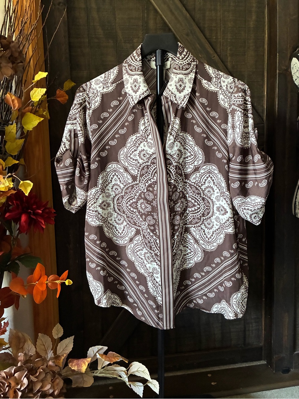 Rachel Zoe Brown and White Paisley Button-Front Shirt